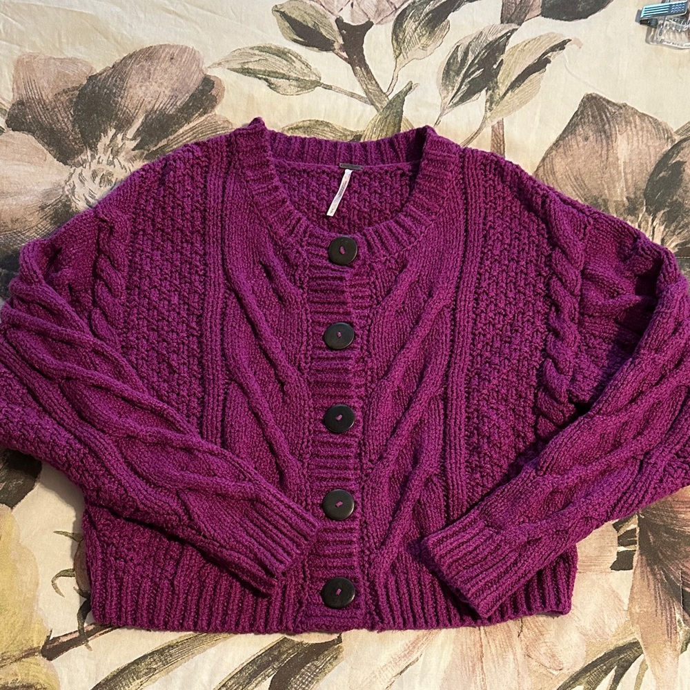 Free People Magenta Cable Knit Cardigan